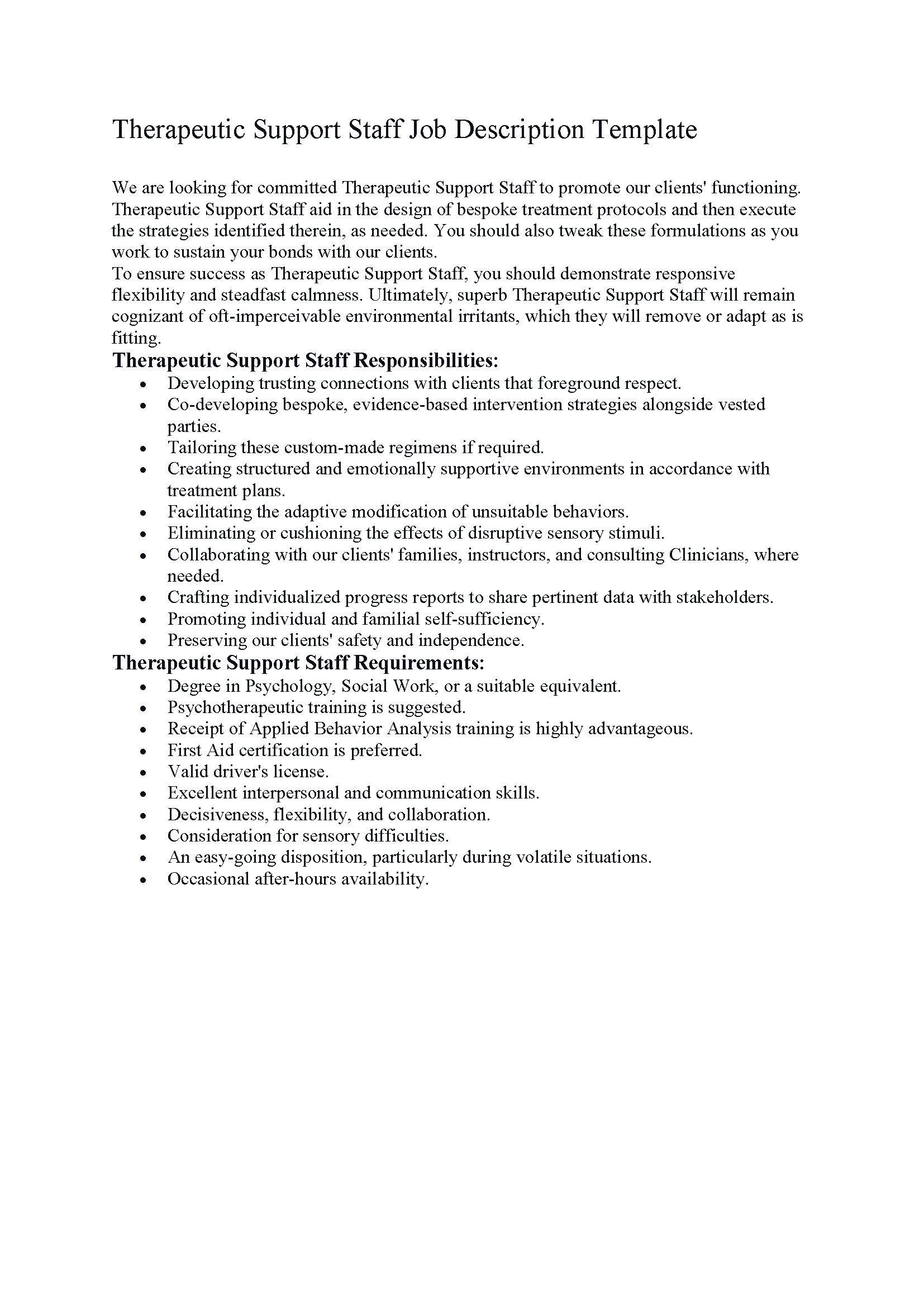Therapeutic Support Staff Job Description Template